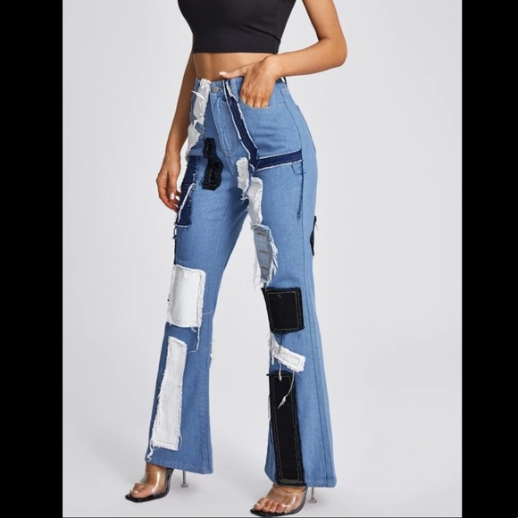 NEW High-Waisted Flare Leg Denim Jeans with Patches - Size M (6) & Size L (8/10) - Picture 7 of 7